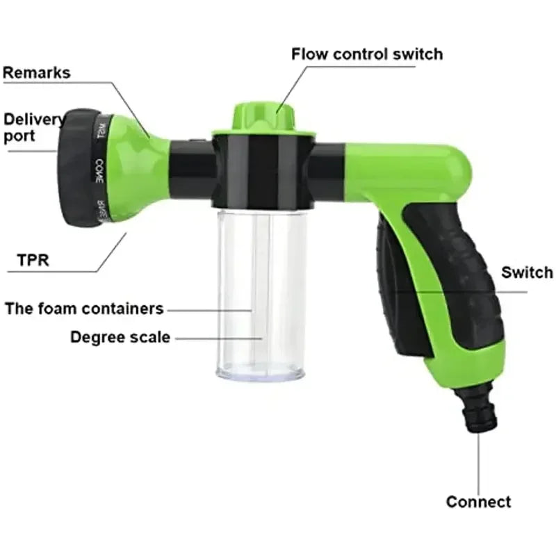 Multi-Functional Garden Hose Nozzle with Foam Cannon and Soap Dispenser 8 Watering Patterns Plastic Material Car Wash Attachment