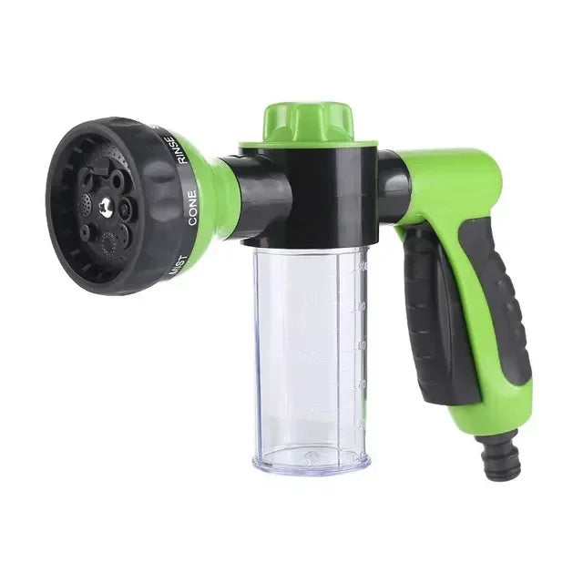 Multi-Functional Garden Hose Nozzle with Foam Cannon and Soap Dispenser 8 Watering Patterns Plastic Material Car Wash Attachment