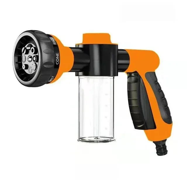 Multi-Functional Garden Hose Nozzle with Foam Cannon and Soap Dispenser 8 Watering Patterns Plastic Material Car Wash Attachment